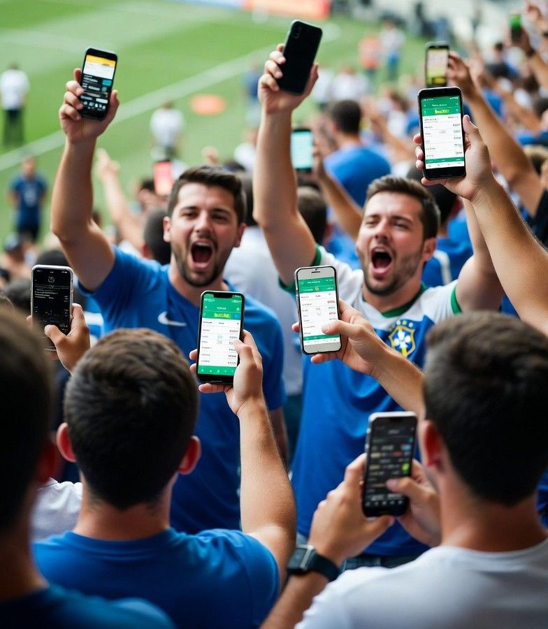 Brazilian soccer fans cheering at a stadium