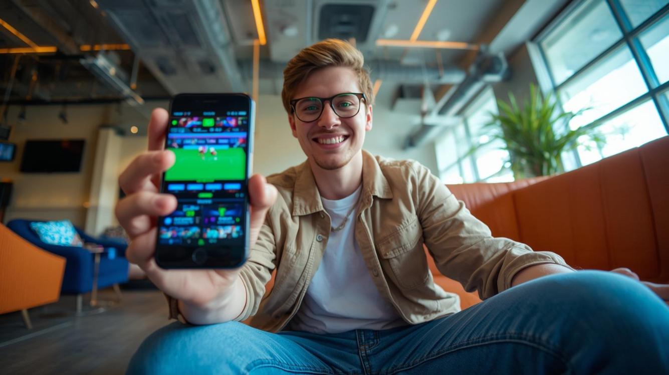 Young fan smiling at phone sports and esports betting screen.