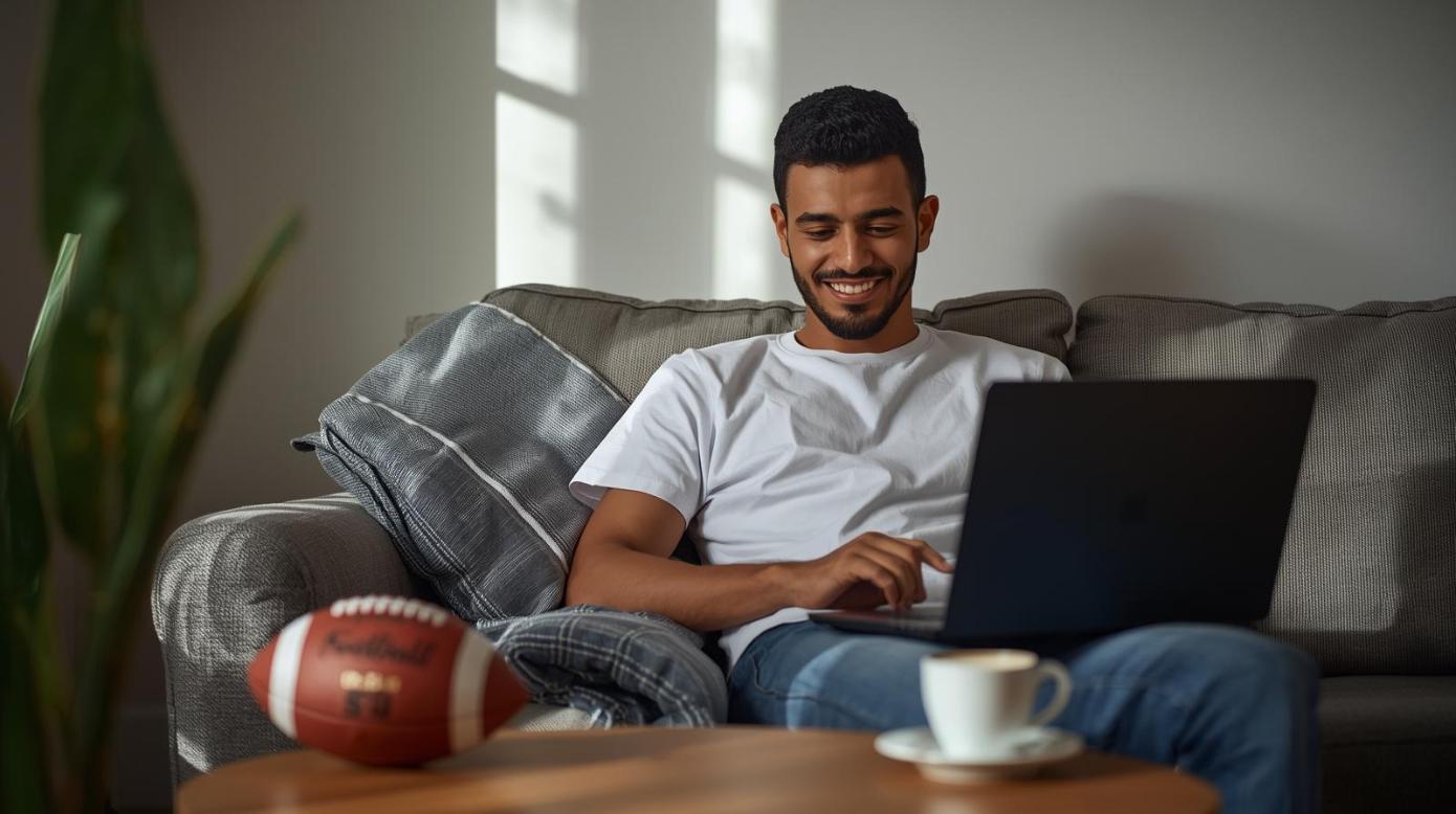 Young man analyzing football predictions on laptop in bright, cheerful living room.