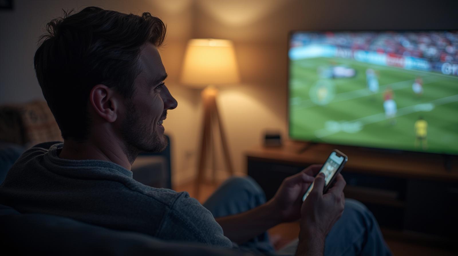 Man placing sports bet on phone while watching live game at home.
