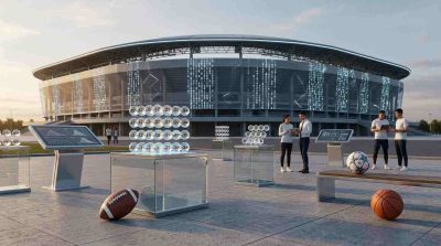 A photorealistic modern sports-themed scene illustrating numbers, probability, and digital lottery concepts. A large professional sports stadium in the background with subtle digital number displays and abstract numbered balls or lottery-style number selections in the foreground. Include elements of different sports such as a football, basketball, and soccer ball arranged naturally around the scene.